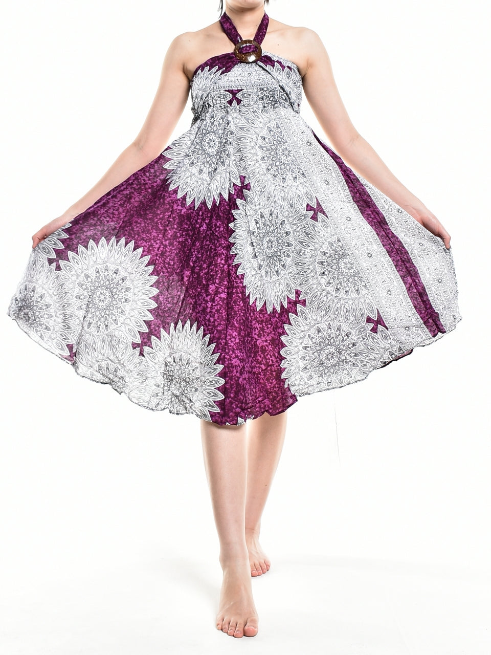 Bohotusk Purple Snowflake Long Skirt featuring a coconut buckle and smocked waist, styled elegantly for versatile wear.